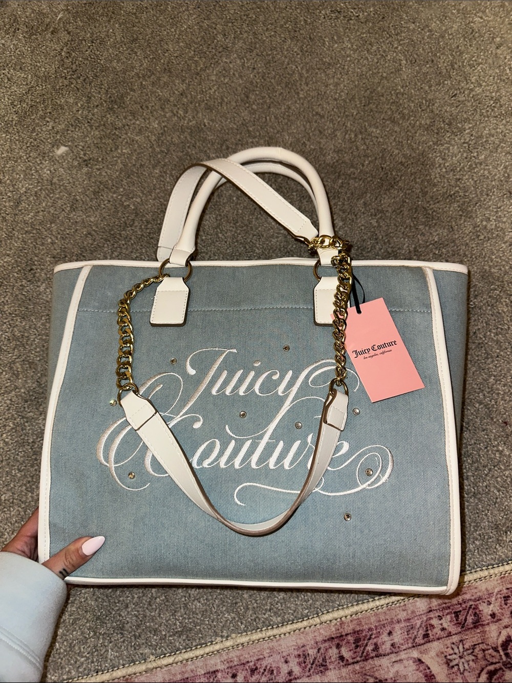 Juicy Couture Denim Canvas Tote with White Trim and Gold Chain